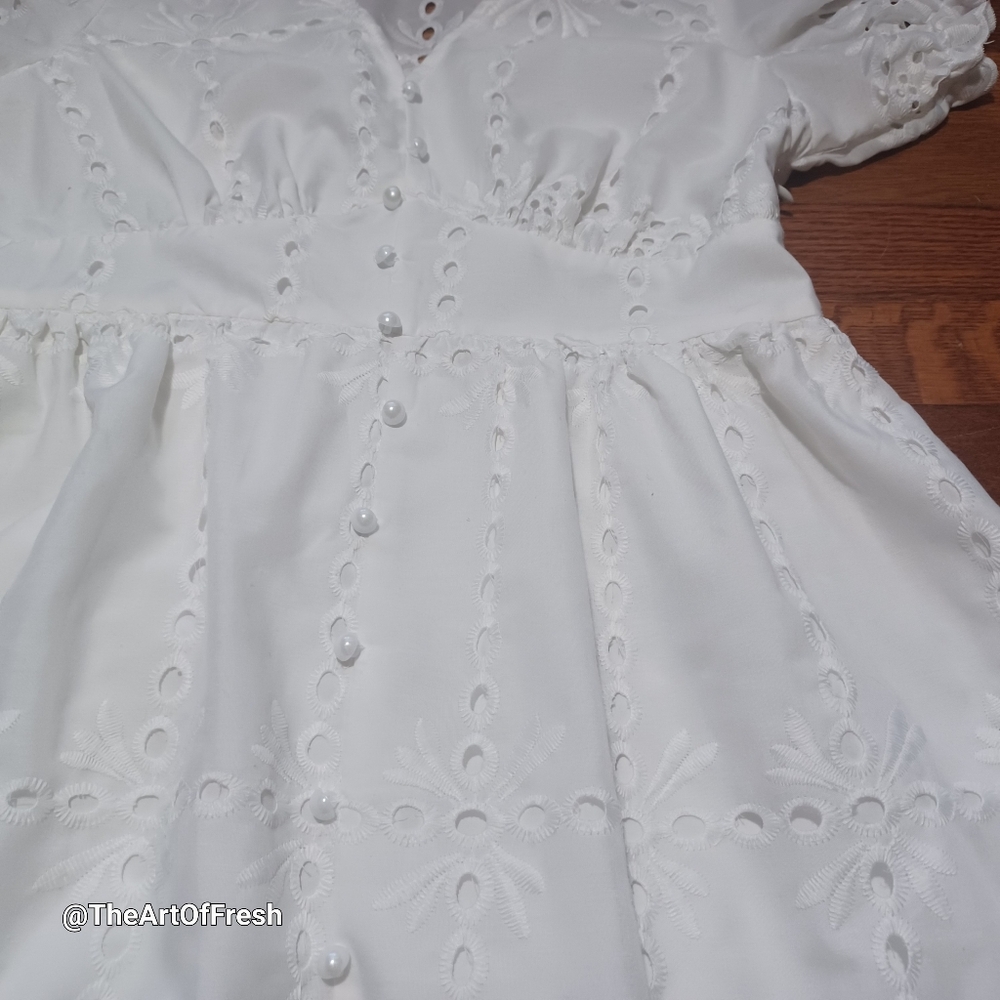 SIMPLEE Puff Sleeve Split Hem Gorgeous White Schiffy Dress - Picture 13 of 14